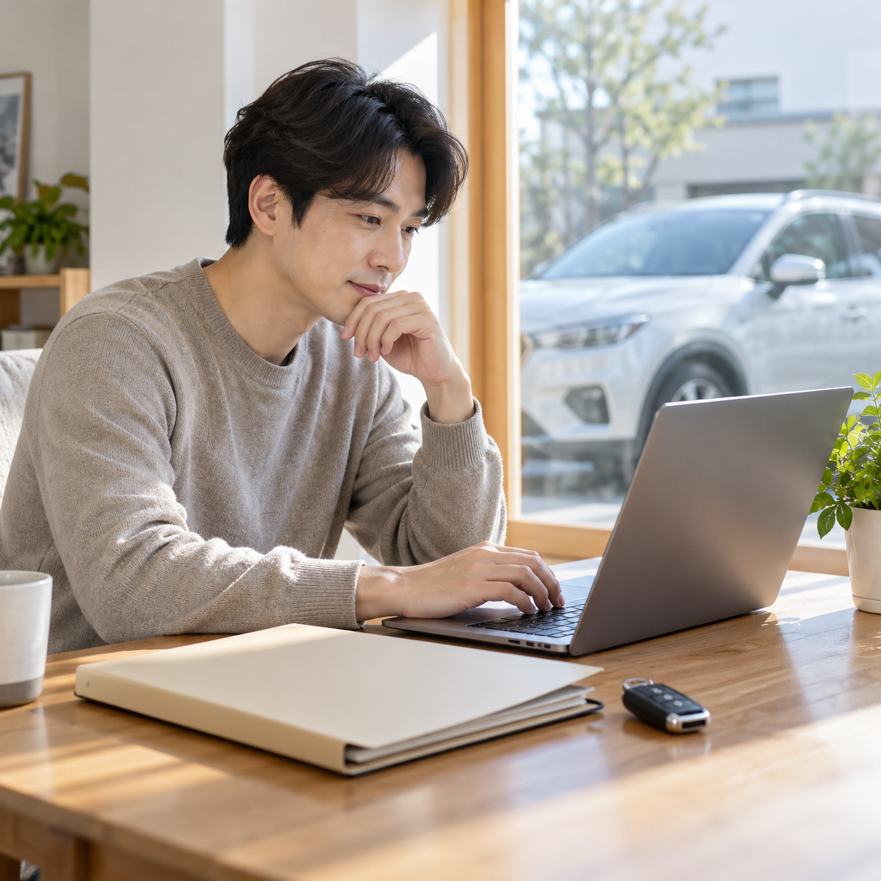 노트북과 차량 서류를 준비하며 자동차 등록증 재발급을 확인하는 모습